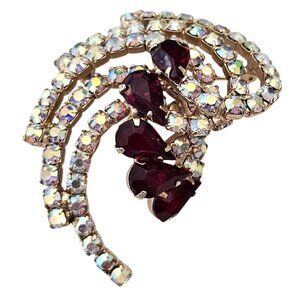 Gold Tone Red Pear Snowflake AB Rhinestone Swirl Brooch Cluster Pin J86